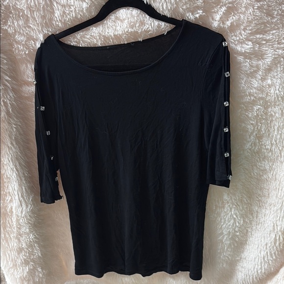 Chic Black Blouse with Embellished Sleeves - Picture 1 of 4